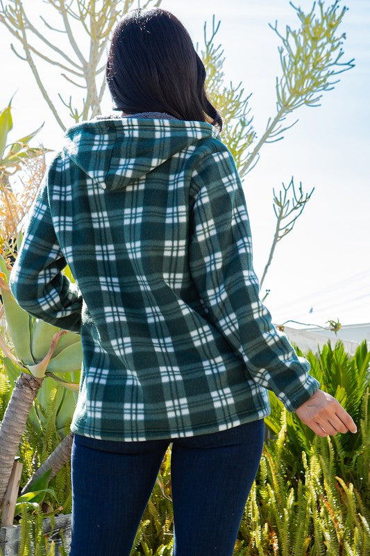 SHERPA LINED PLAID HOODED ZIP-UP JACKET