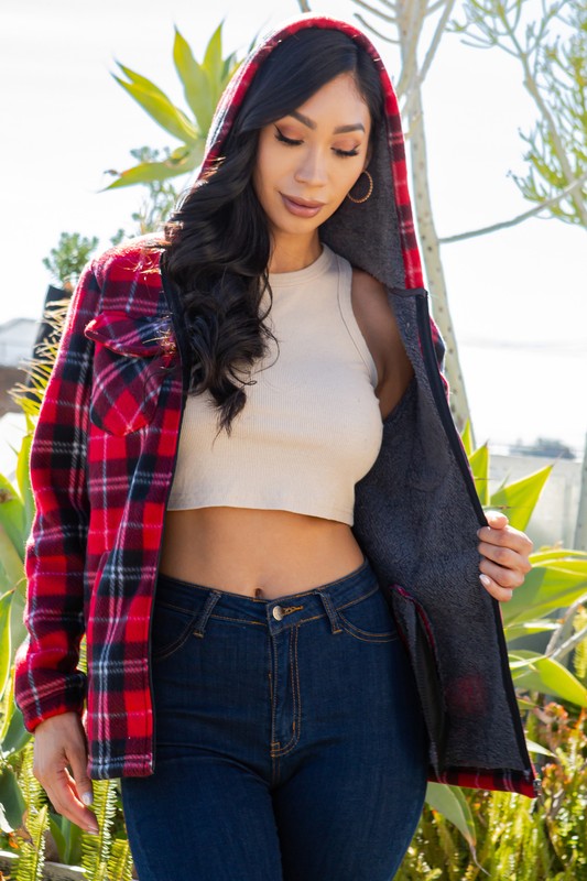 SHERPA LINED PLAID HOODED ZIP-UP JACKET