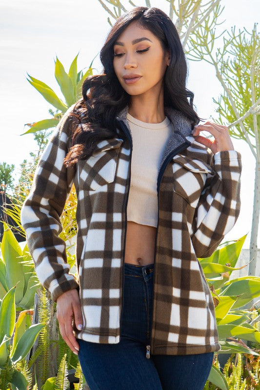 SHERPA LINED PLAID HOODED ZIP-UP JACKET