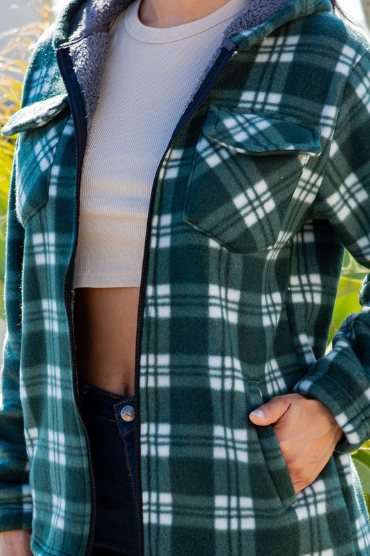 SHERPA LINED PLAID HOODED ZIP-UP JACKET