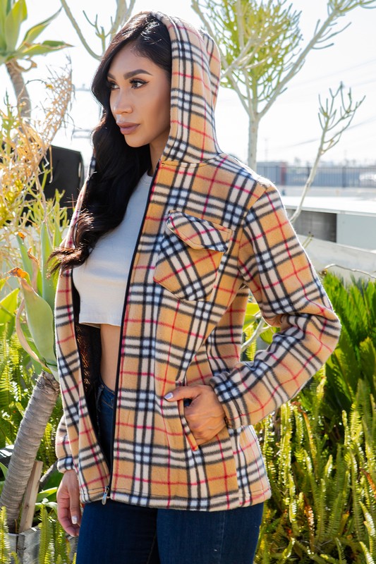 SHERPA LINED PLAID HOODED ZIP-UP JACKET