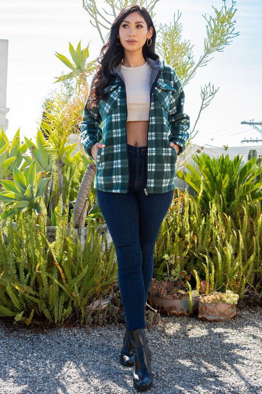 SHERPA LINED PLAID HOODED ZIP-UP JACKET