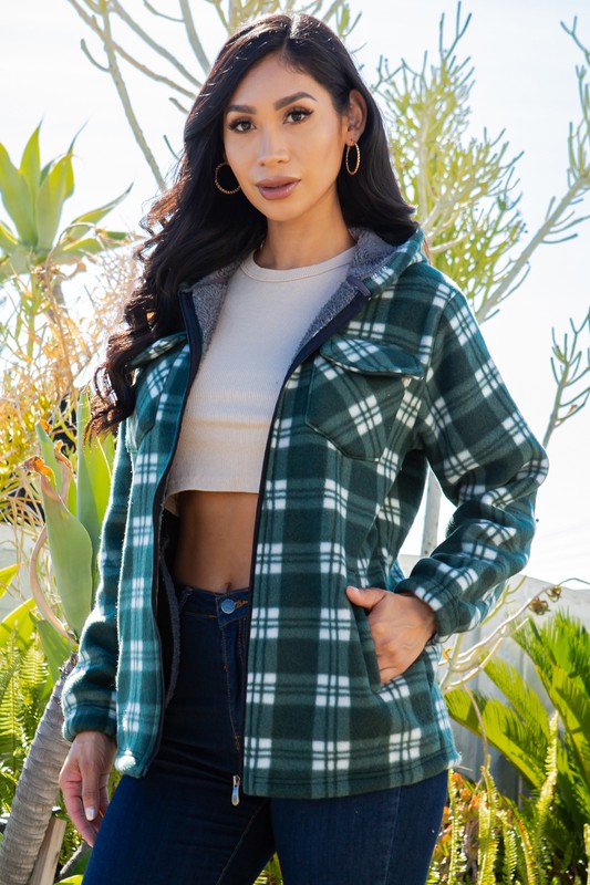 SHERPA LINED PLAID HOODED ZIP-UP JACKET
