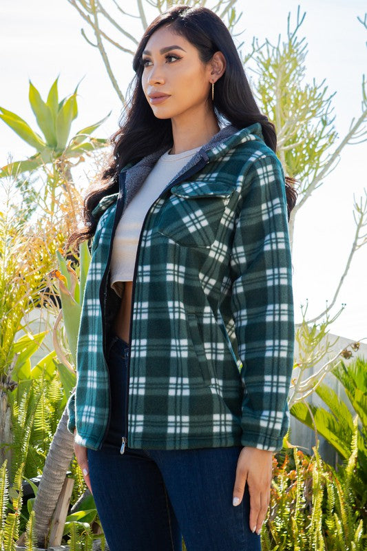 SHERPA LINED PLAID HOODED ZIP-UP JACKET