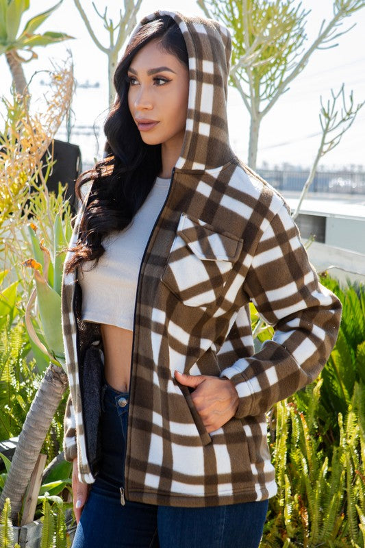SHERPA LINED PLAID HOODED ZIP-UP JACKET