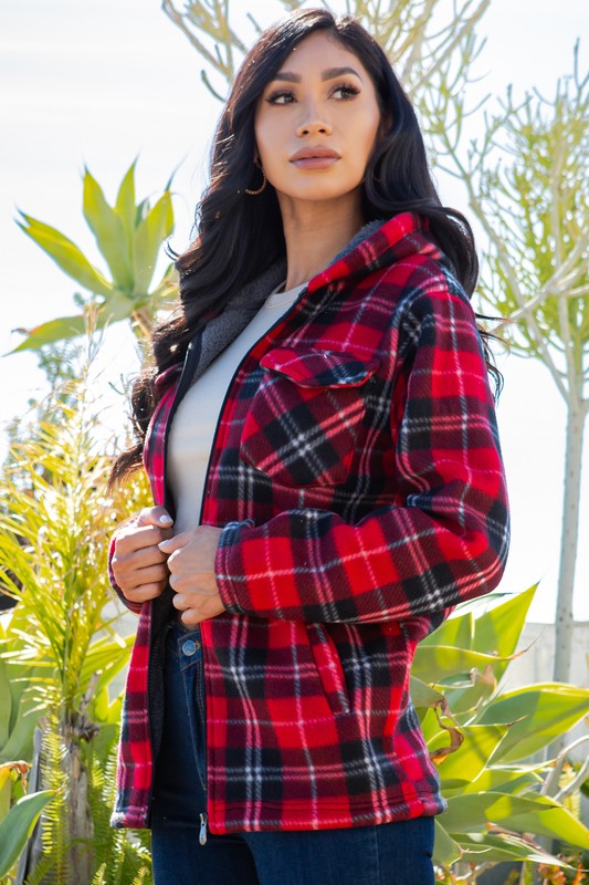 SHERPA LINED PLAID HOODED ZIP-UP JACKET