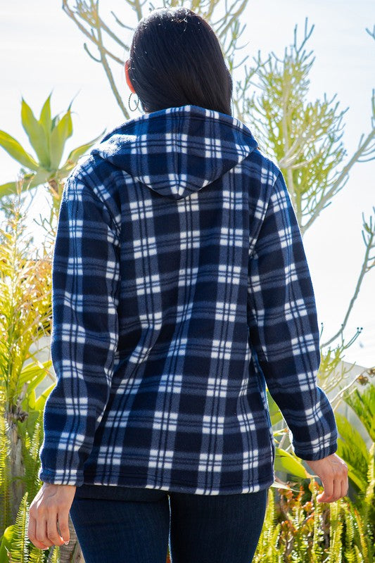 SHERPA LINED PLAID HOODED ZIP-UP JACKET