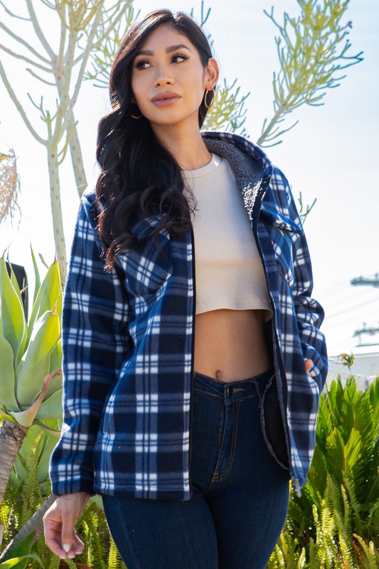 SHERPA LINED PLAID HOODED ZIP-UP JACKET