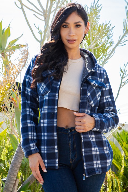 SHERPA LINED PLAID HOODED ZIP-UP JACKET