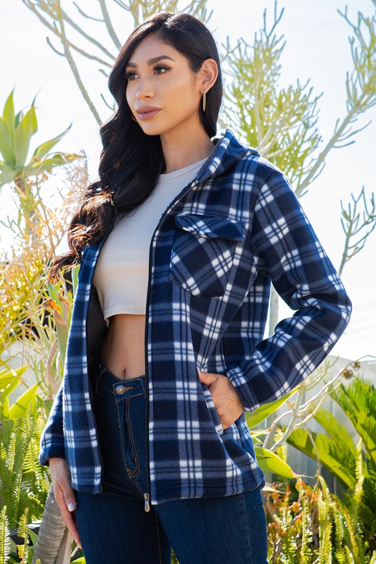SHERPA LINED PLAID HOODED ZIP-UP JACKET