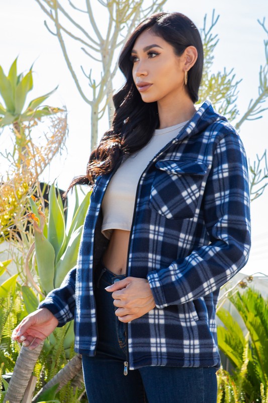 SHERPA LINED PLAID HOODED ZIP-UP JACKET