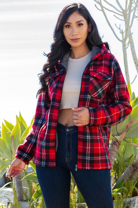 SHERPA LINED PLAID HOODED ZIP-UP JACKET
