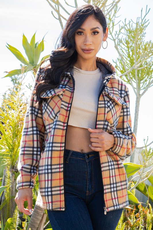 SHERPA LINED PLAID HOODED ZIP-UP JACKET