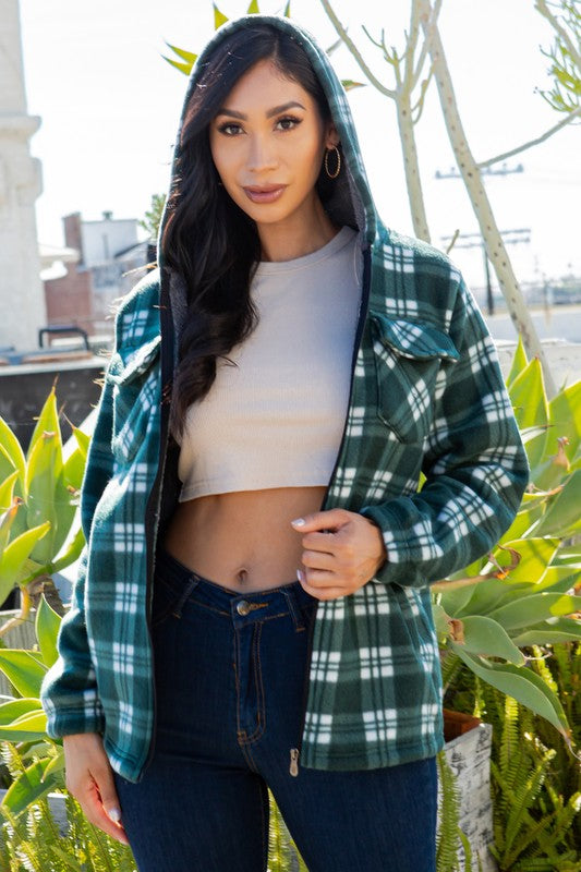 SHERPA LINED PLAID HOODED ZIP-UP JACKET