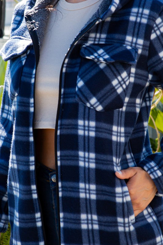 SHERPA LINED PLAID HOODED ZIP-UP JACKET