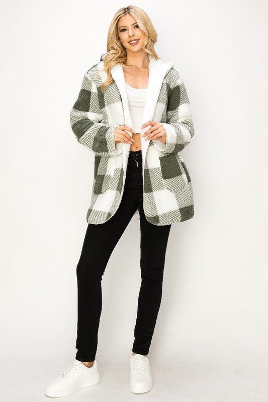 SHERPA LINED BUFFALO PLAID HOODED JACKET