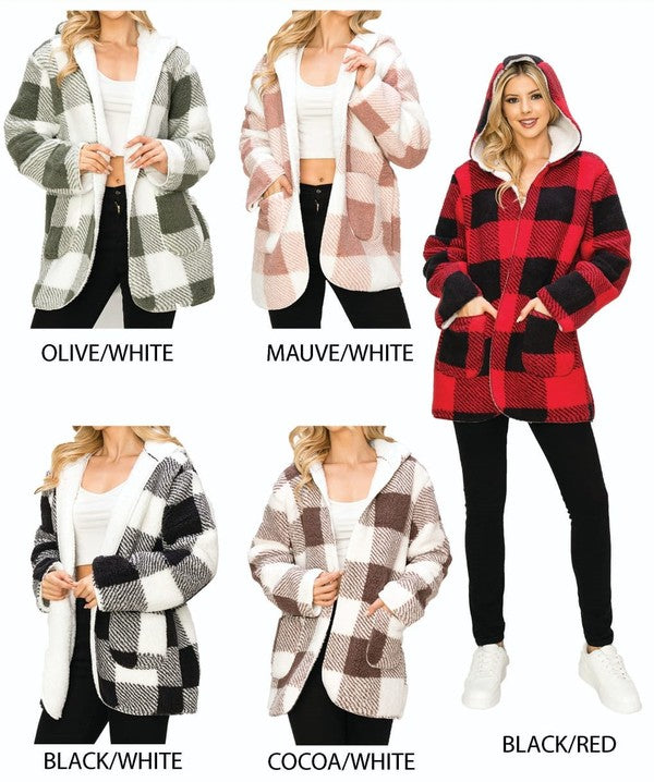 SHERPA LINED BUFFALO PLAID HOODED JACKET