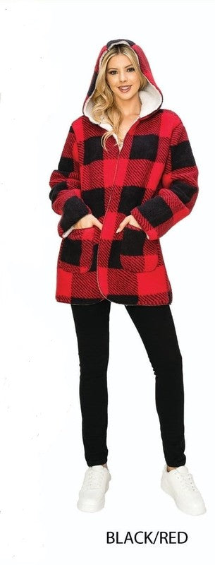 SHERPA LINED BUFFALO PLAID HOODED JACKET