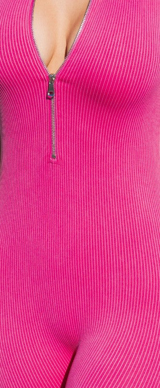 RIB SEAMLESS METAL ZIPPER JUMPSUIT