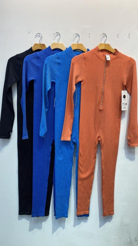 RIB SEAMLESS METAL ZIPPER JUMPSUIT