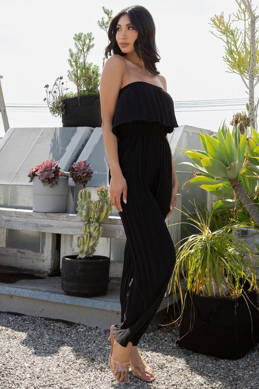 SOLID PLEATED FOLDED OFF SHOULDER JUMPSUITS