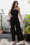 Thumbnail of SOLID PLEATED FOLDED OFF SHOULDER JUMPSUITS