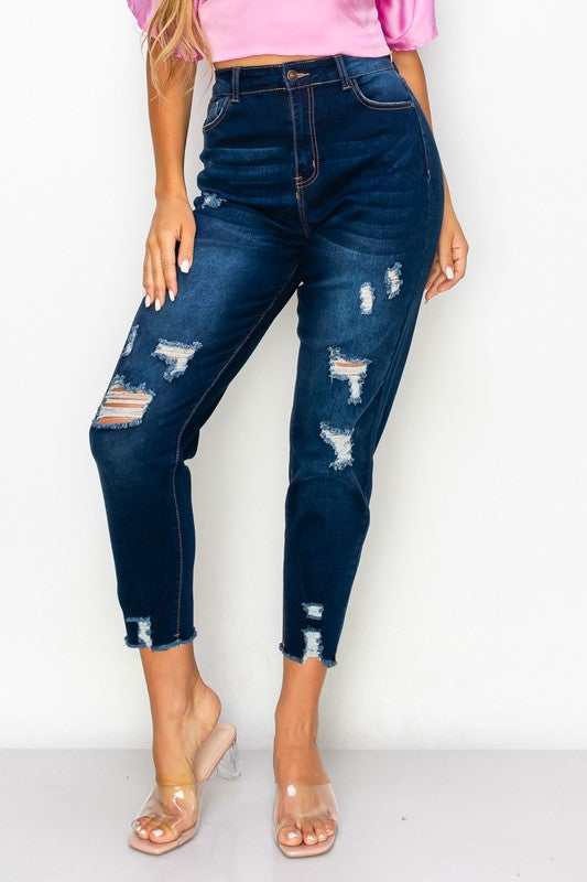 Dark Indigo Ripped Mom Jeans