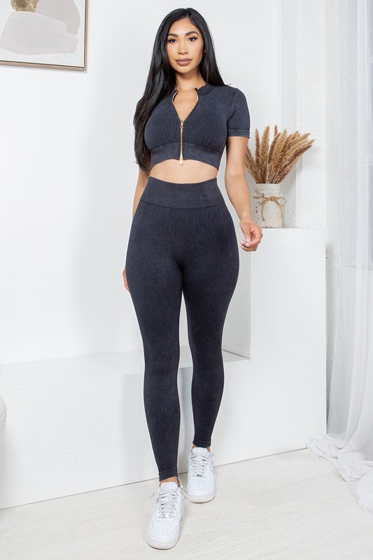 MINERAL WASH 2 -PIECE CROP TOP AND PANTS SET