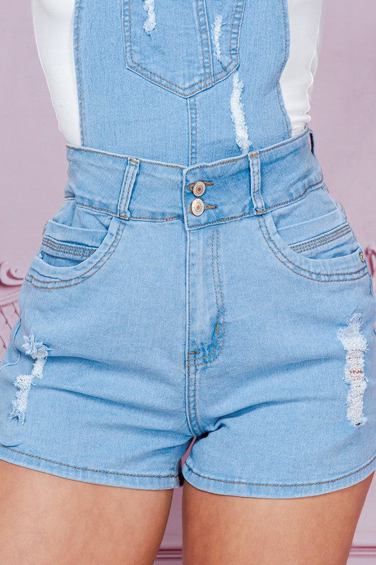 RIPPED DENIM SHORT OVERALLS