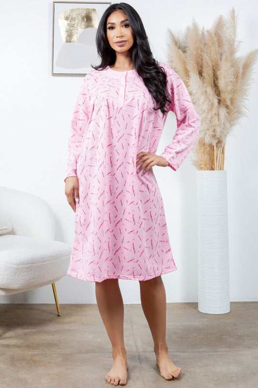 NIGHT GOWN L/S FLEECE-LINED PAJAMA DRESS
