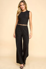 TWO PIECE CRINKLE SLEEVELES TOP AND LONG PANTS