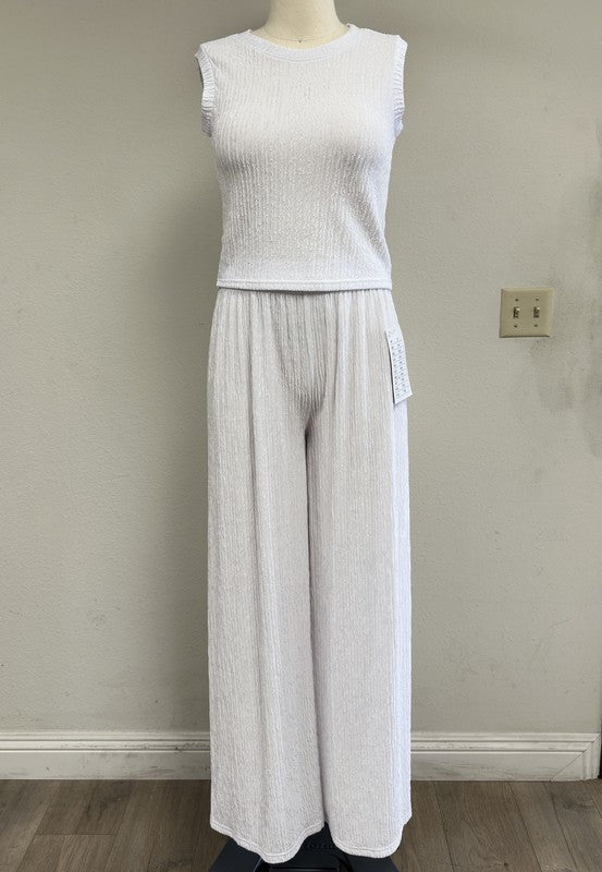 TWO PIECE CRINKLE SLEEVELES TOP AND LONG PANTS