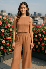 TWO PIECE CRINKLE SLEEVELES TOP AND LONG PANTS