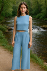 TWO PIECE CRINKLE SLEEVELES TOP AND LONG PANTS