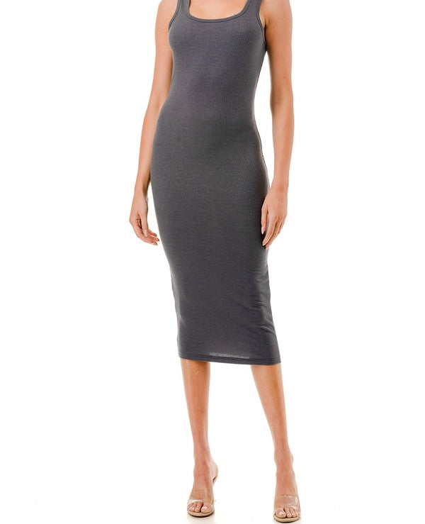 RIBBED SLEEVELESS MIDI DRESS