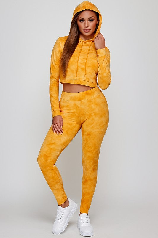 Conjunto de sudadera corta con efecto tie-dye y leggings