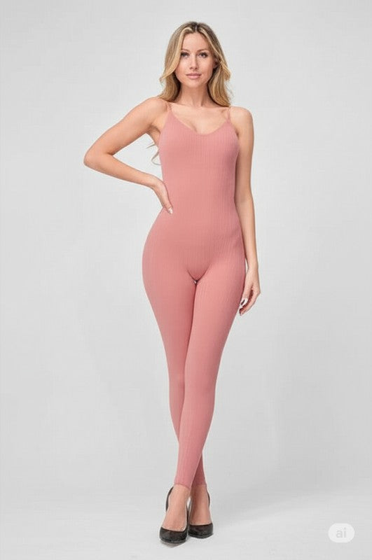SOLID NYLON RIBBED SEAMLESS SPAGETTI STRAP CATSUIT