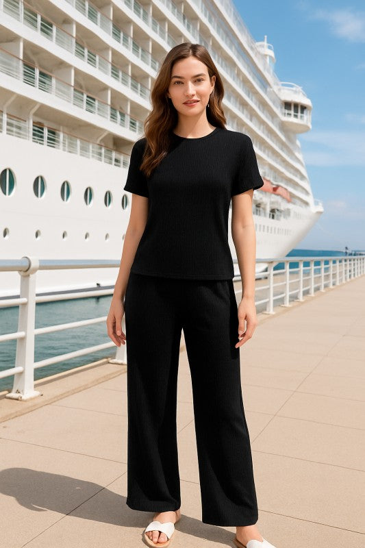 CRINKLE ROUND NECK SHORT SLEEVE TOP AND PANRS SET