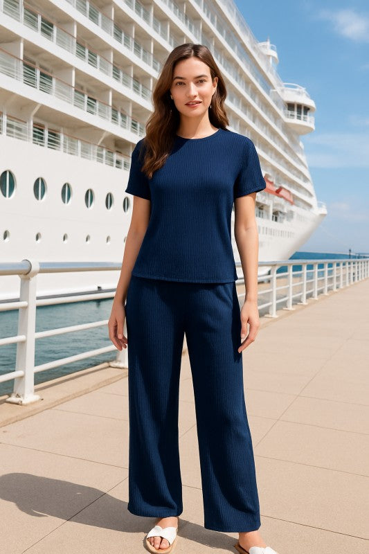 CRINKLE ROUND NECK SHORT SLEEVE TOP AND PANRS SET