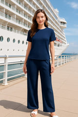 CRINKLE ROUND NECK SHORT SLEEVE TOP AND PANRS SET