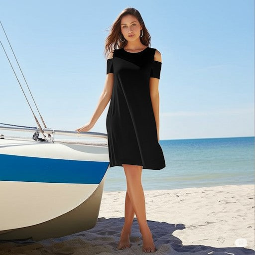 shift dress with cutout shoulders