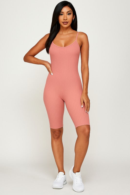 SOLID RIB SEAMLESS SPAGETTI STRAP ROMPER
