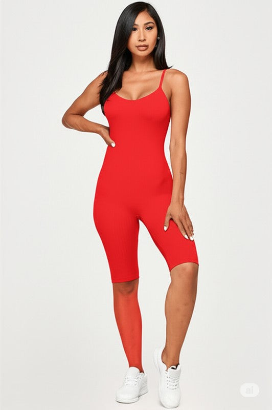 SOLID RIB SEAMLESS SPAGETTI STRAP ROMPER