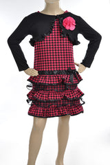 Printed Ponte Knit w/ 1x1 rib shrug, ribbon ruffle