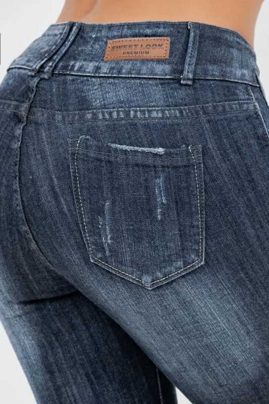 dark-wash blue jeans