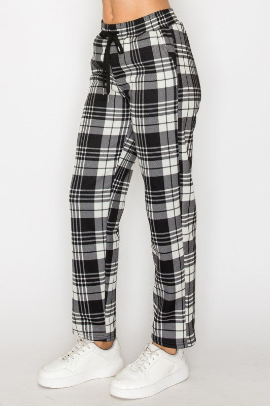 FUR-LINED PLAID EASY PANTS