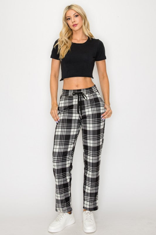 FUR-LINED PLAID EASY PANTS