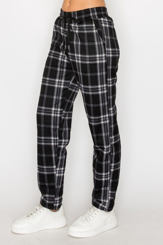 FUR-LINED PLAID EASY PANTS
