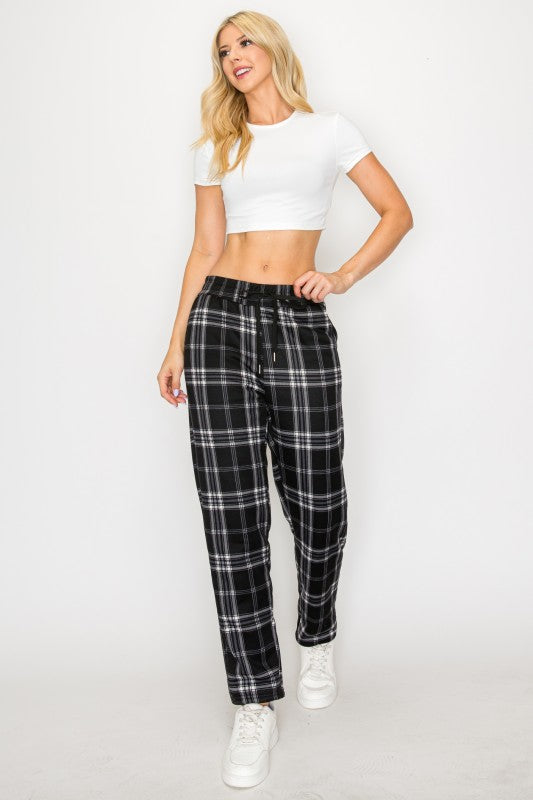 FUR-LINED PLAID EASY PANTS