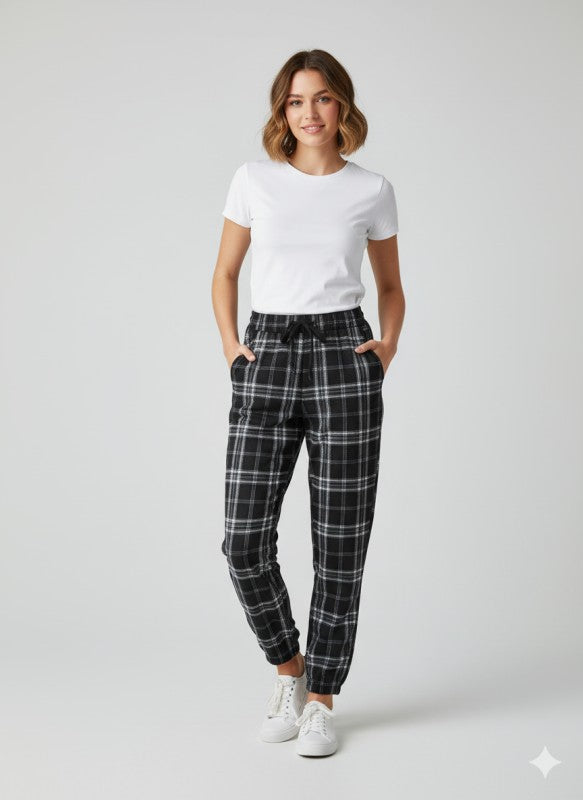 FUR-LINED PLAID EASY PANTS